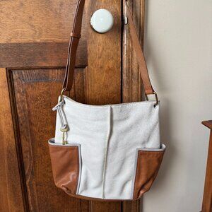Fossil Ivory & Brown Shoulder/Crossbody Hobo Bag w/Side Pockets